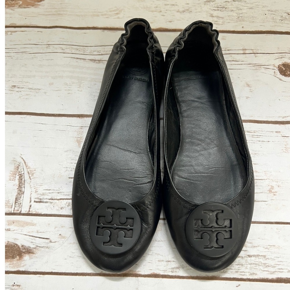 Tory Burch Minnie Travel Ballet Flats Black Leather Tonal Logo 8.5